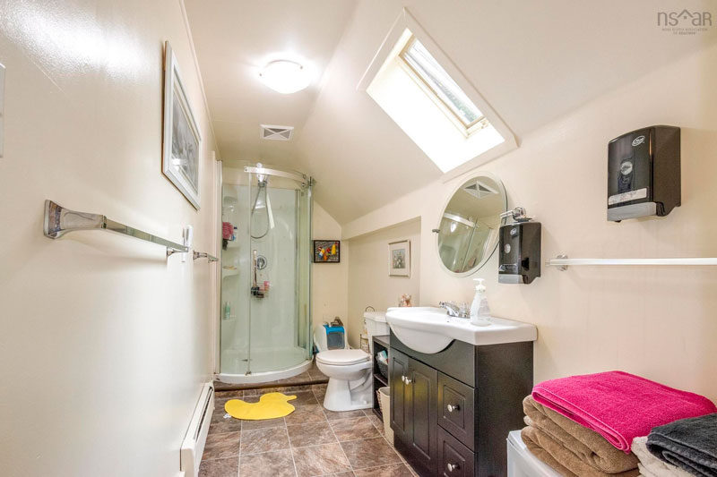 Bathroom with shower and skylight